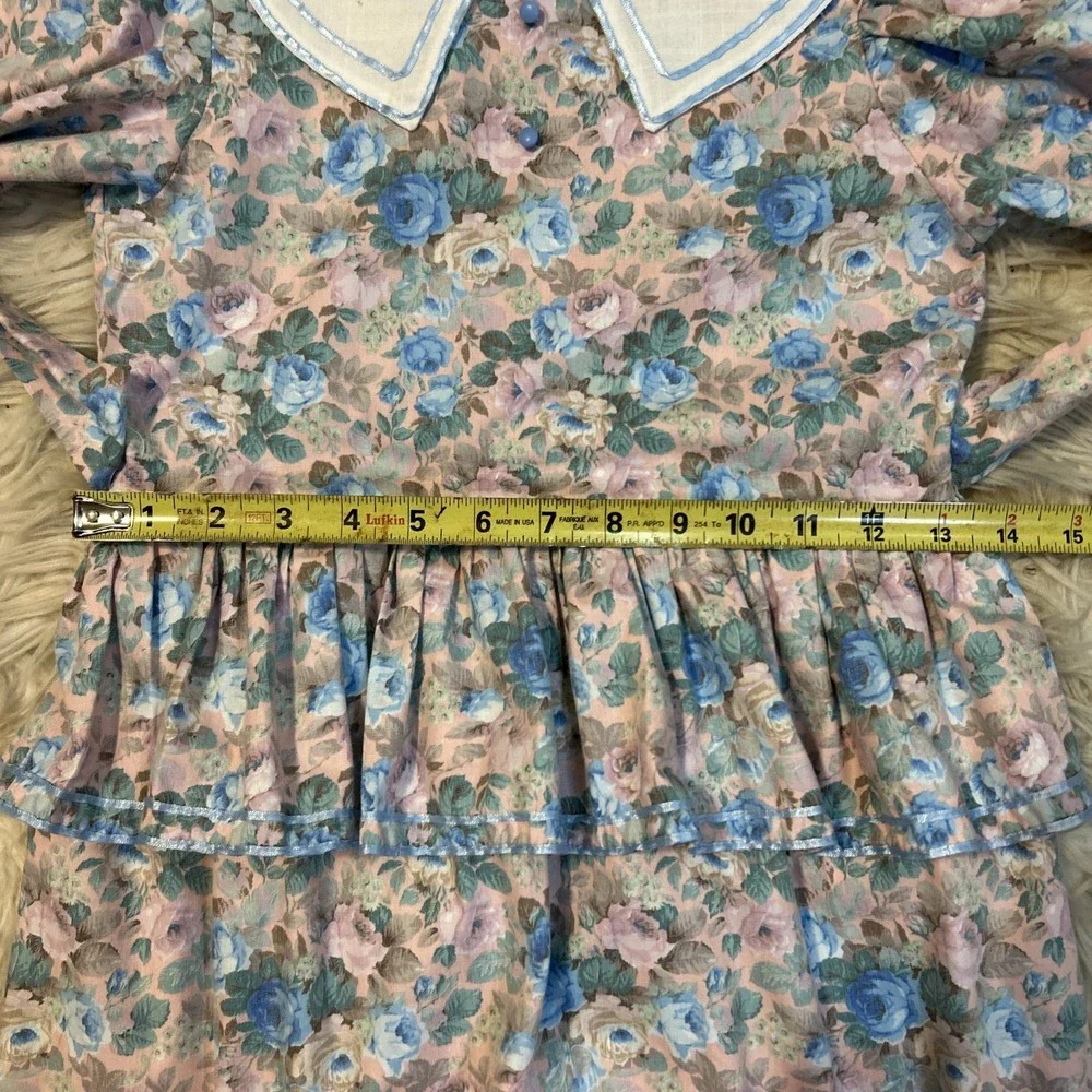 Vtg Debut Prairie Dress Girls Size 7 Ruffled Floral Cottagecore USA Long Sleeve
